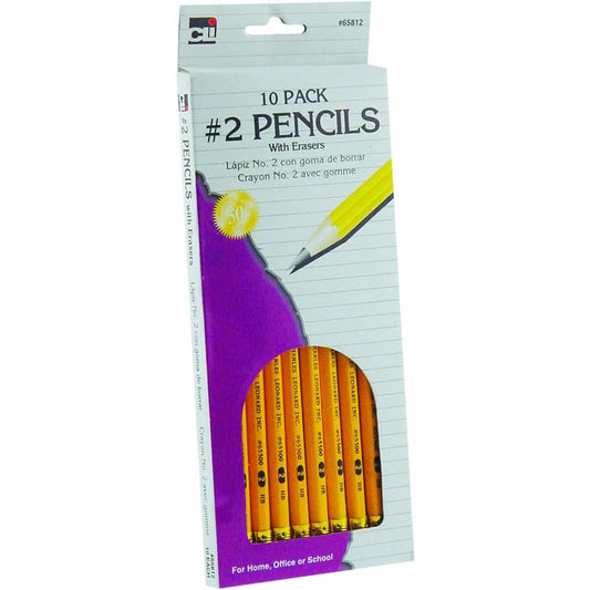 Pencil - #2 Lead - with Eraser, Yellow - 10/Hang Tab Bx Drawing & Painting Kits Charles Leonard 